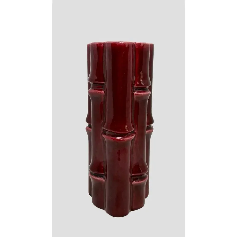 Red Wing USA Burgundy Bamboo Ceramic 7.5” Tall Vase #400 Light Grey interior VTG